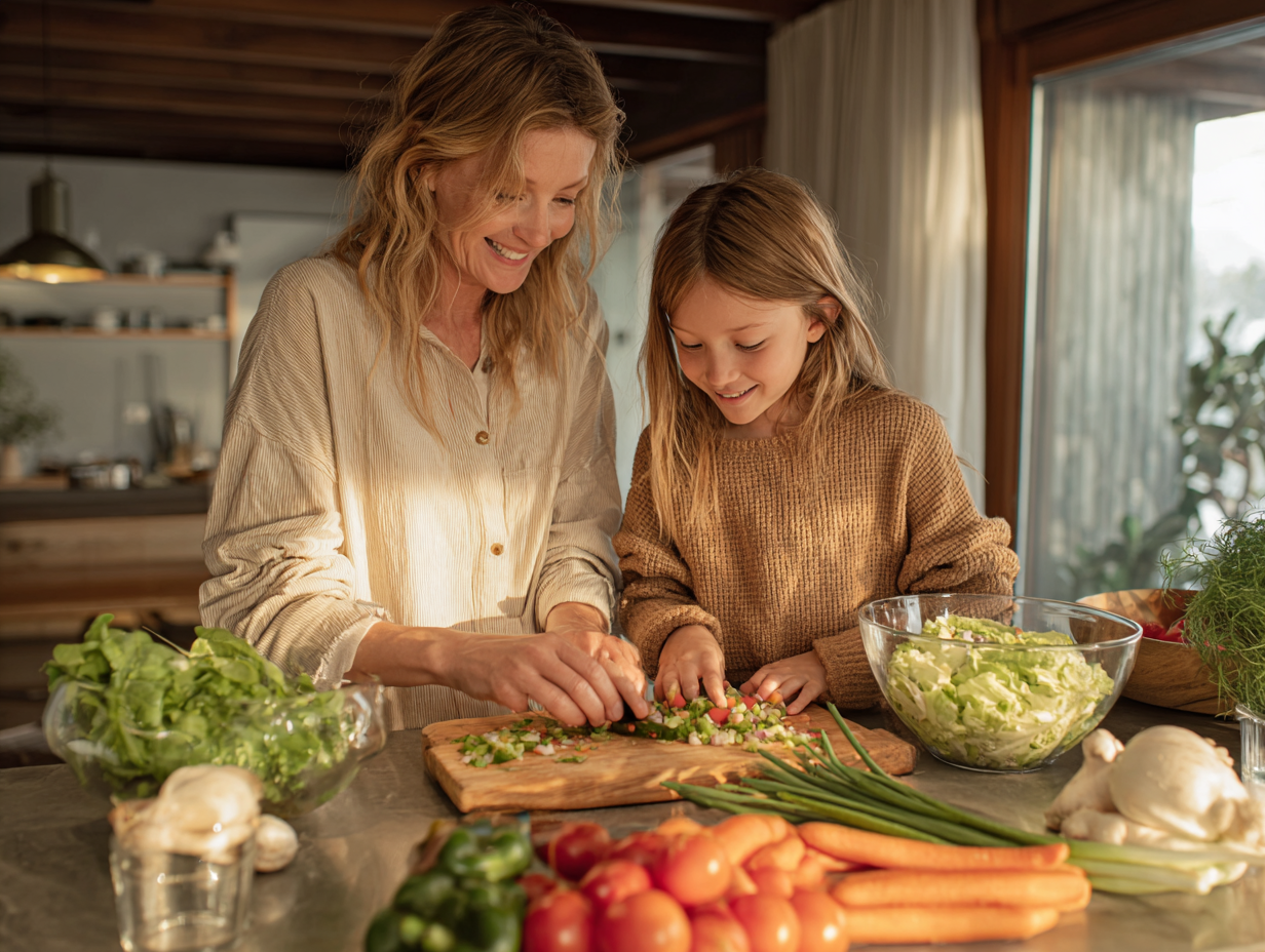 Засновниця crunitor працює над планом харчування за ноутбуком в оточенні свіжих продуктів