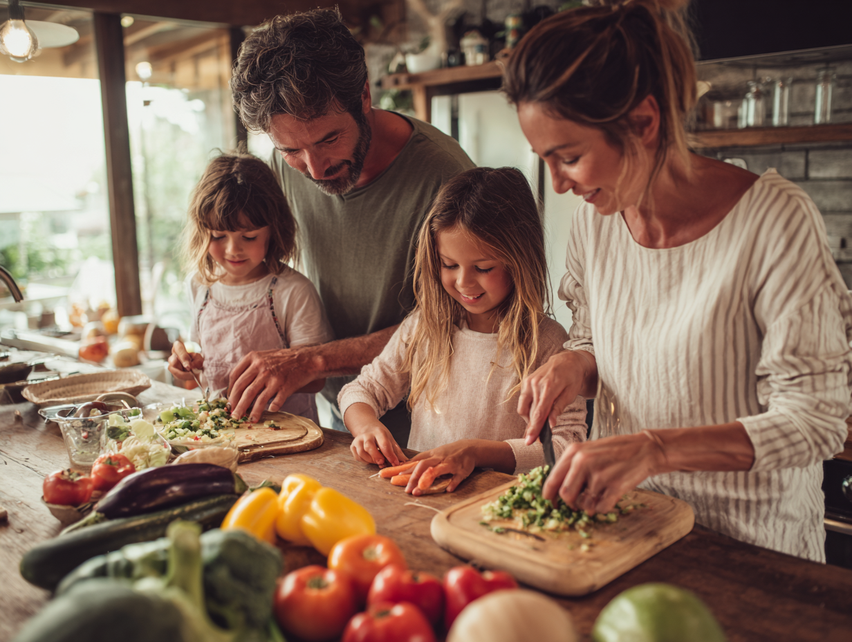 Дівчинка допомагає мамі готувати салат з свіжих овочів на сучасній кухні