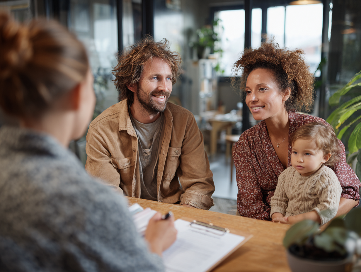 Консультант crunitor проводить інтерв'ю з родиною для визначення харчових потреб